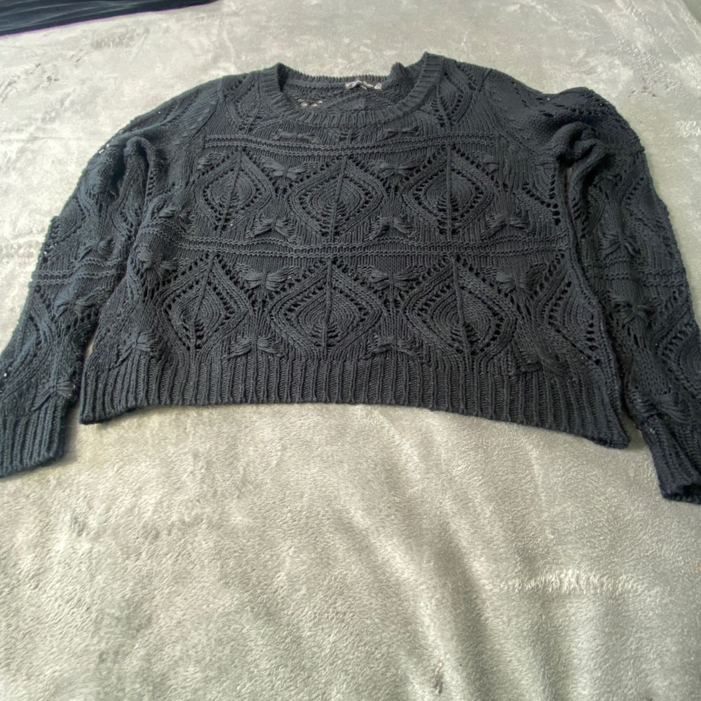Downtown Coalition Sweater Women S/M Black Butterfly Pointelle Diamond Knit Crew